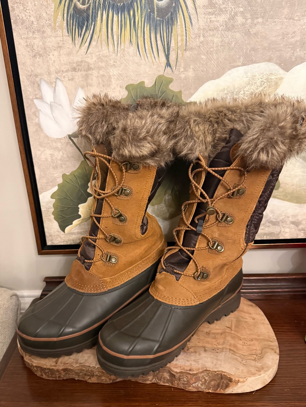 Lands End tall duck boots, tan  quilt fur Sz 8 snow boot women’s